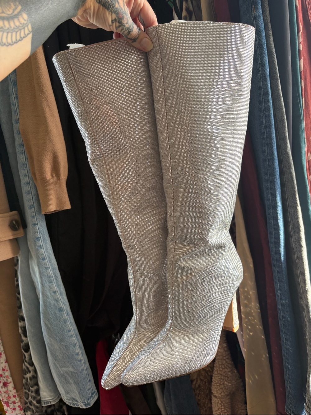 Steve Madden Silver Sparkle Knee-High Pointed Toe Boots